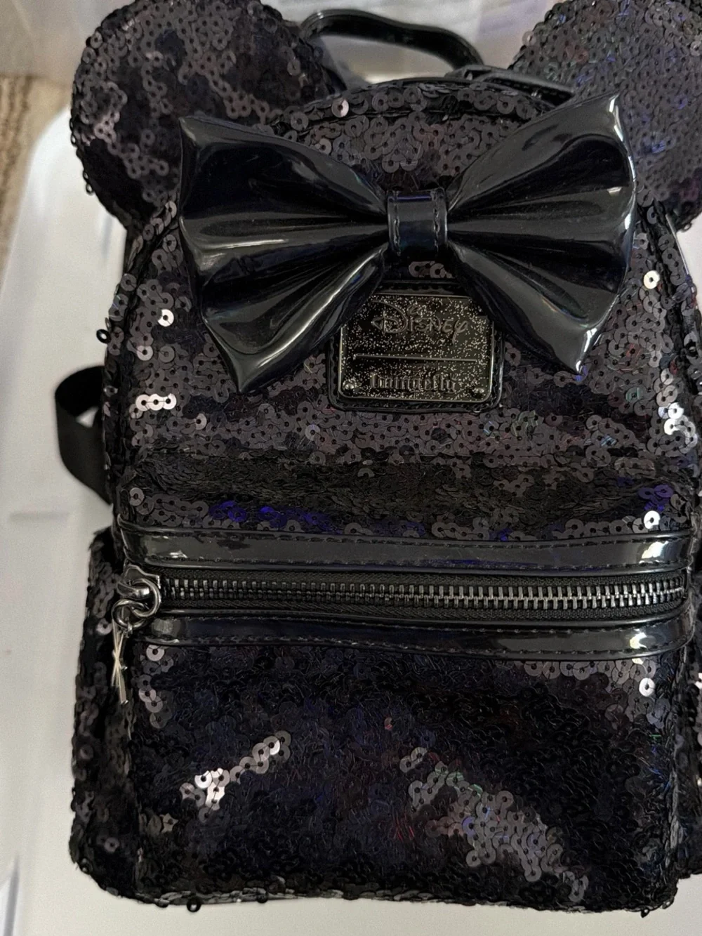 Loungefly Black Sequin Mini Backpack with Patent Bow and Ears